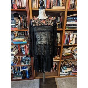 Maeve Anthropologie Small Black Long Sleeve Lace Dress Floral Embroidered Neck